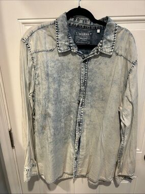 Guess Acid Wash Long-Sleeve Denim Shirt in Faded Blue
